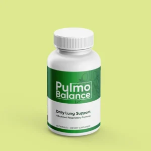 Pulmo Balance™ lung support supplement bottle with branded label, representing natural respiratory support, easier breathing, and daily lung vitality.